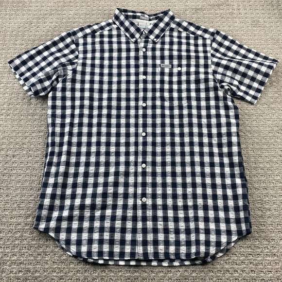 Columbia Shirt Men Large L Black White Gray Checkered Button Down Short Sleeves - Picture 1 of 13